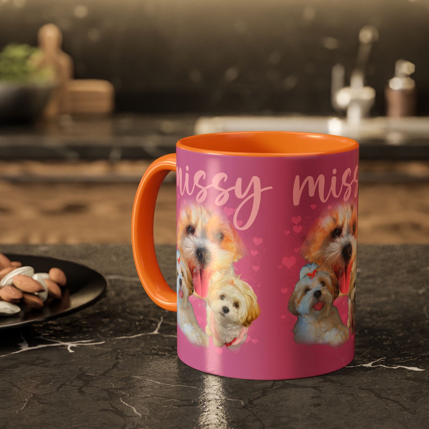 Personalized Dog Photo Mug — 'Missy' Pink Pet Collage Coffee Cup (11oz/15oz)