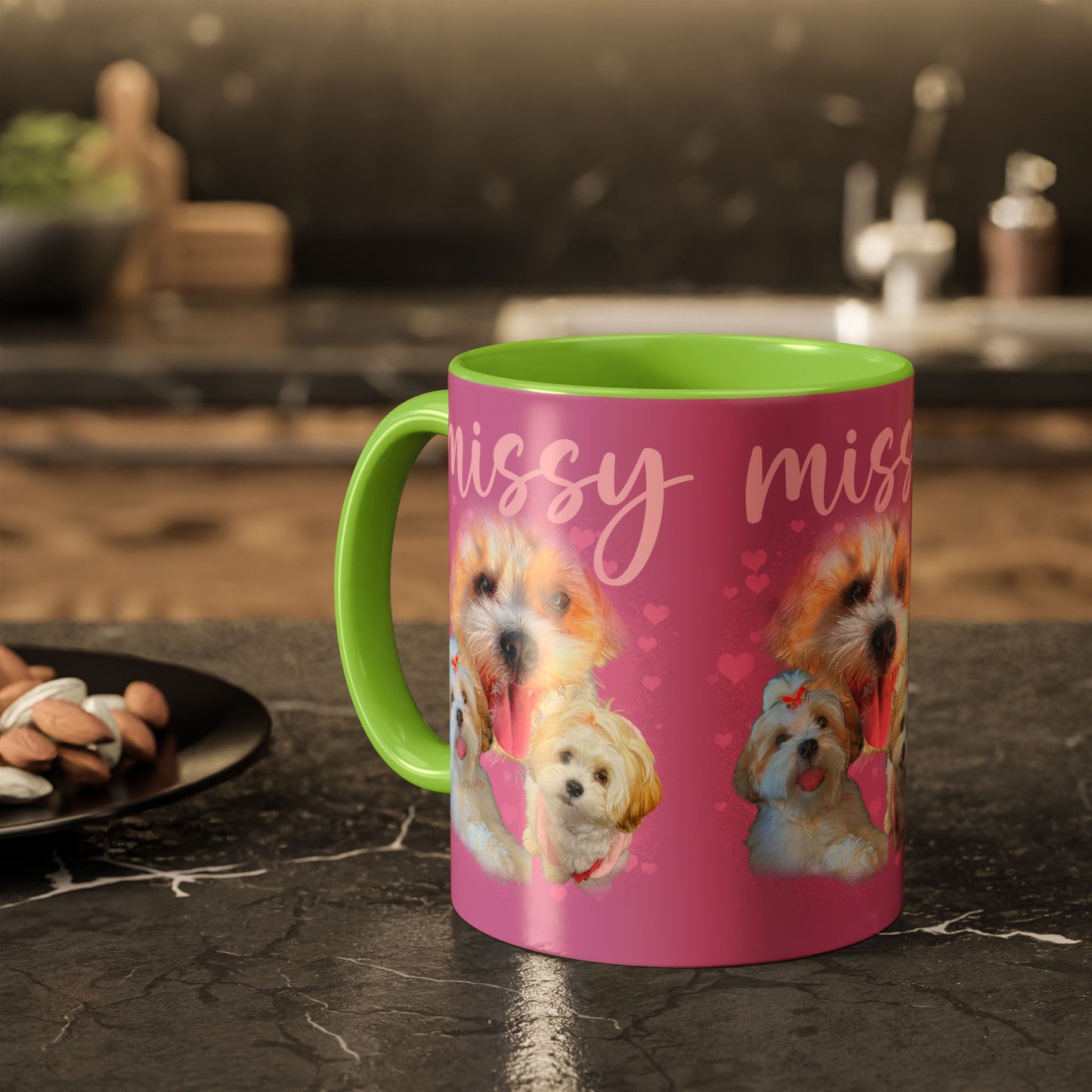 Personalized Dog Photo Mug — 'Missy' Pink Pet Collage Coffee Cup (11oz/15oz)