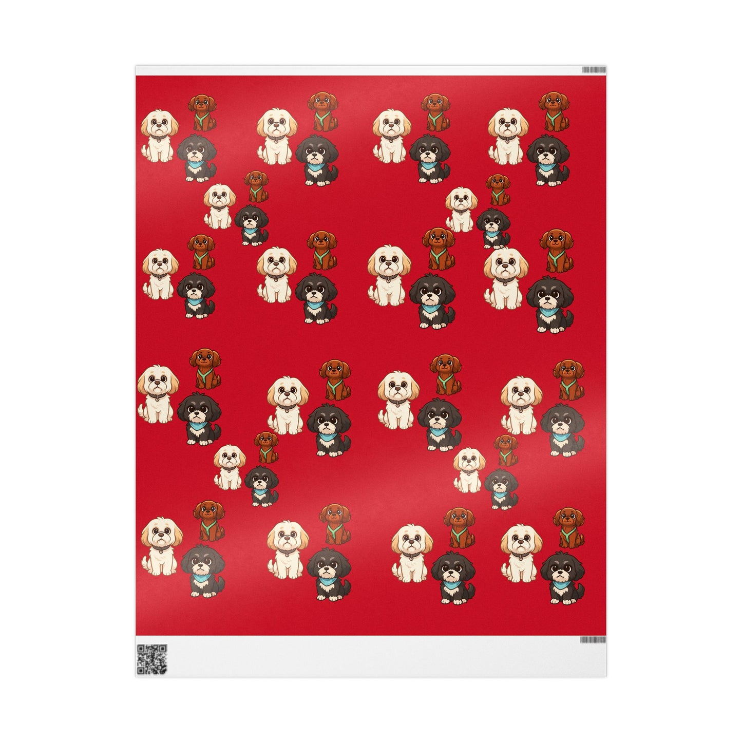 Pattern of cartoon dogs on a red background with a QR code at the bottom left corner.