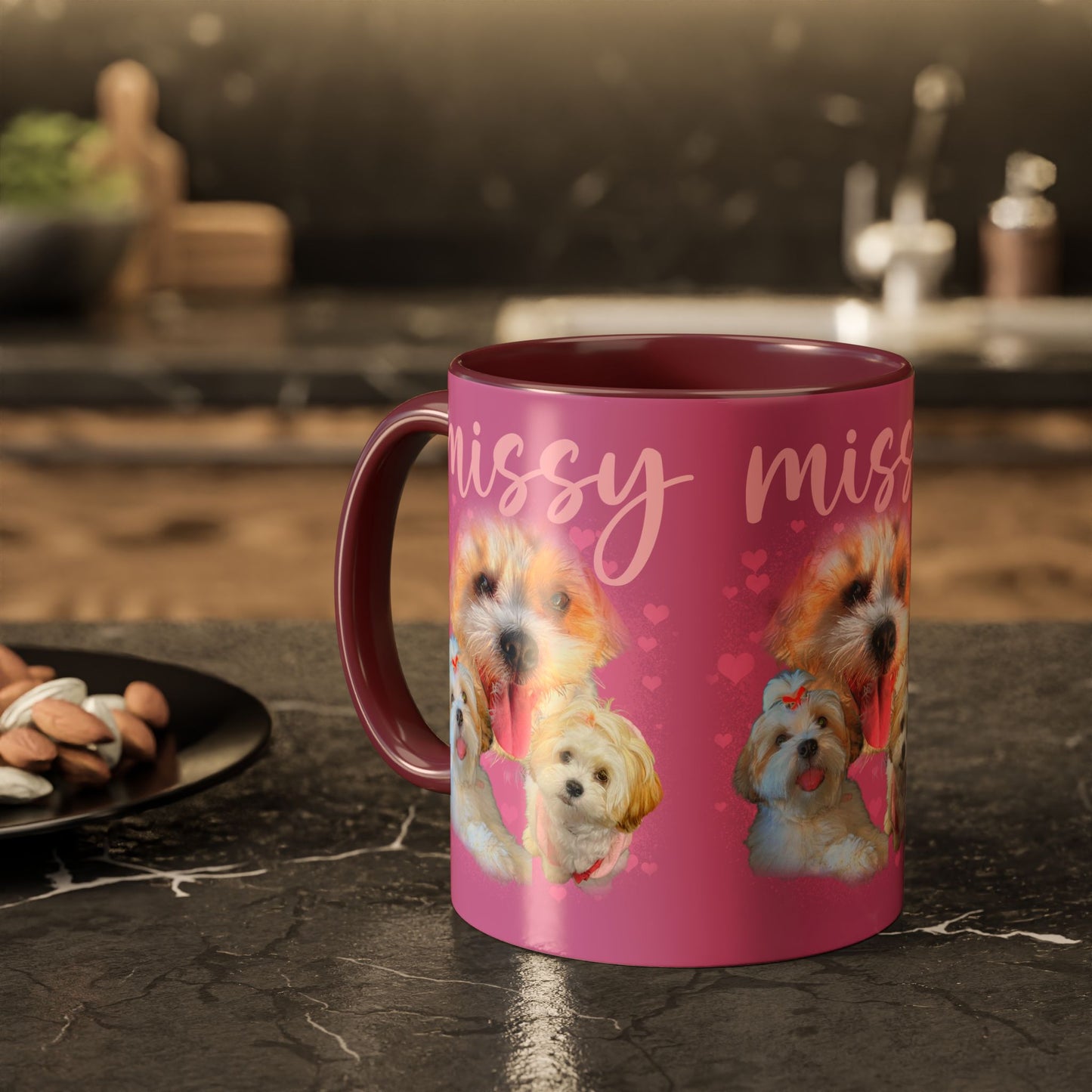 Personalized Dog Photo Mug — 'Missy' Pink Pet Collage Coffee Cup (11oz/15oz)